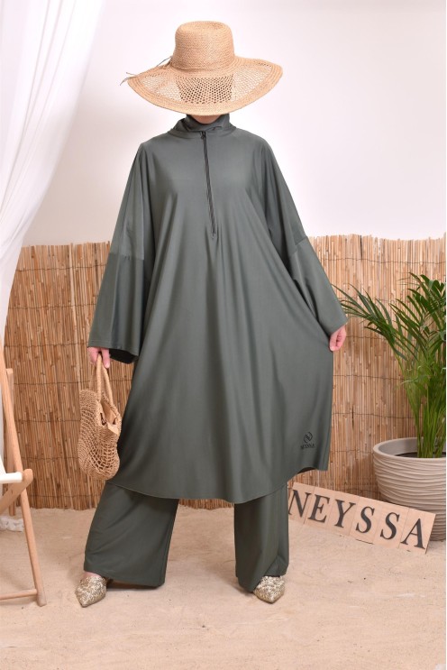 Burkini 2 pièces Kaki couple ample et long femme, séchage rapide