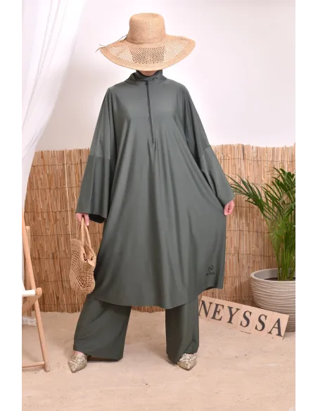 Burkini 2 pièces Kaki couple ample et long femme, séchage rapide