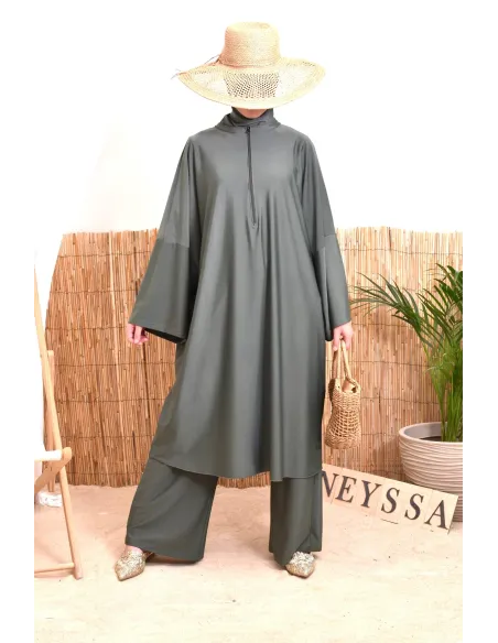Burkini 2 pièces Kaki couple ample et long femme, séchage rapide