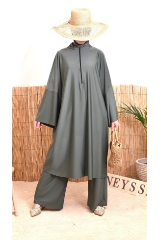 Burkini 2 pièces Kaki couple ample et long femme, séchage rapide