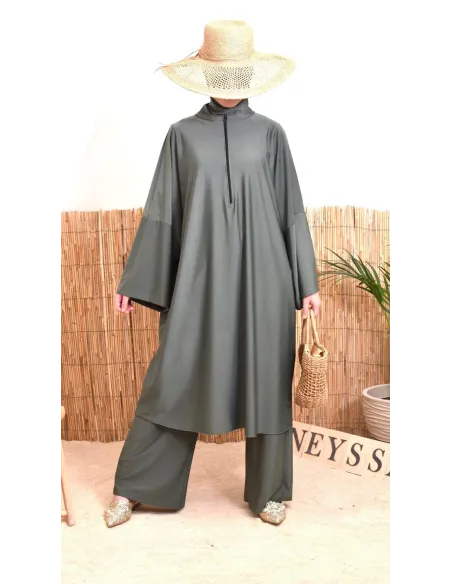 Burkini 2 pièces Kaki couple ample et long femme, séchage rapide