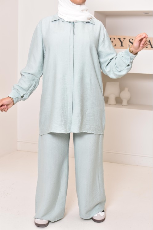 Set aus langem Hemd und Hose aus Leinenstoff, Hijabi-Outfit-Idee