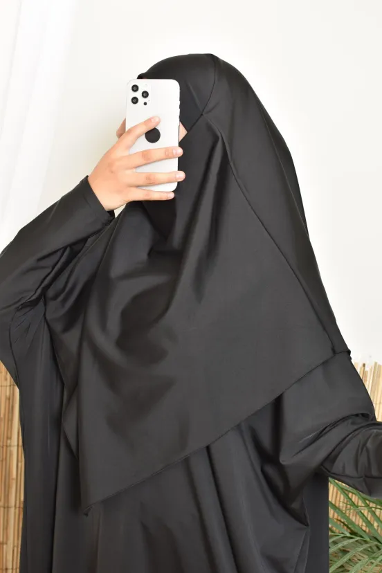 Black bathing khimar for women's burkini, opaque and resistant fabric