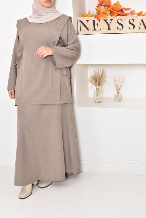 ensemble tunique longue avec jupe longue tissu effet tailleur