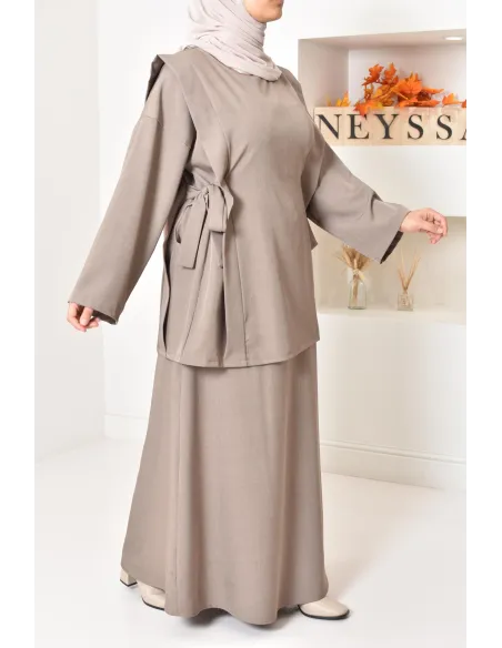 ensemble tunique longue avec jupe longue tissu effet tailleur
