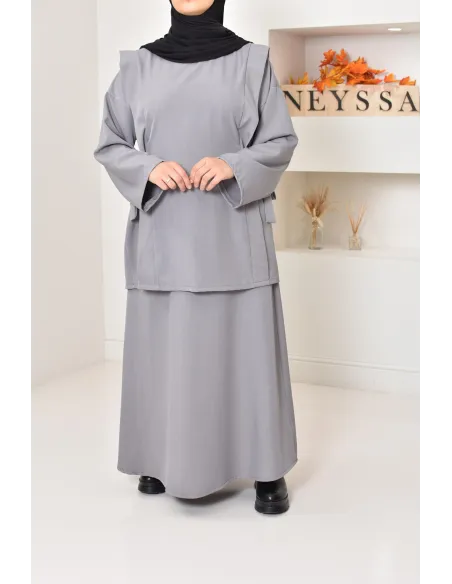 ensemble tunique longue avec jupe longue tissu effet tailleur