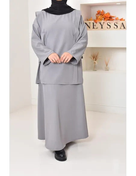 ensemble tunique longue avec jupe longue tissu effet tailleur