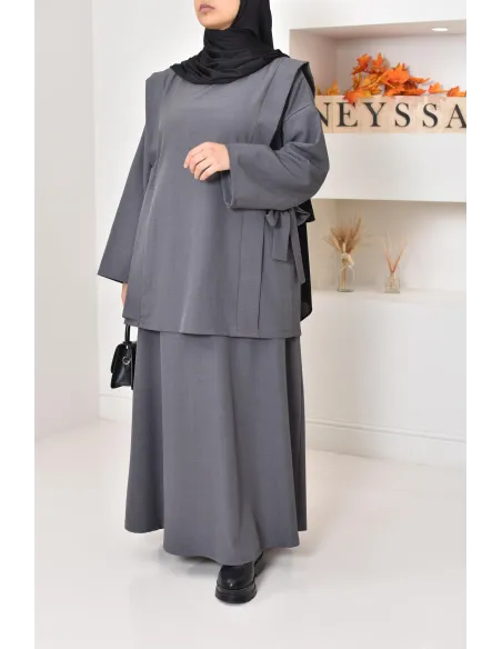 ensemble tunique longue avec jupe longue tissu effet tailleur