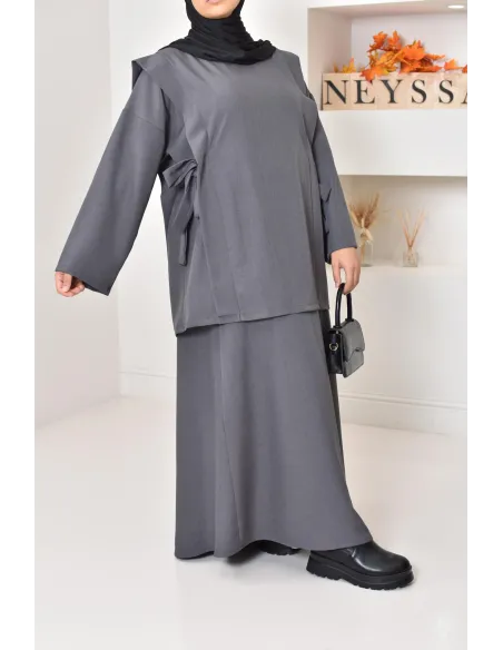 ensemble tunique longue avec jupe longue tissu effet tailleur