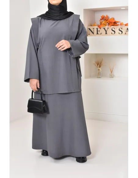 ensemble tunique longue avec jupe longue tissu effet tailleur