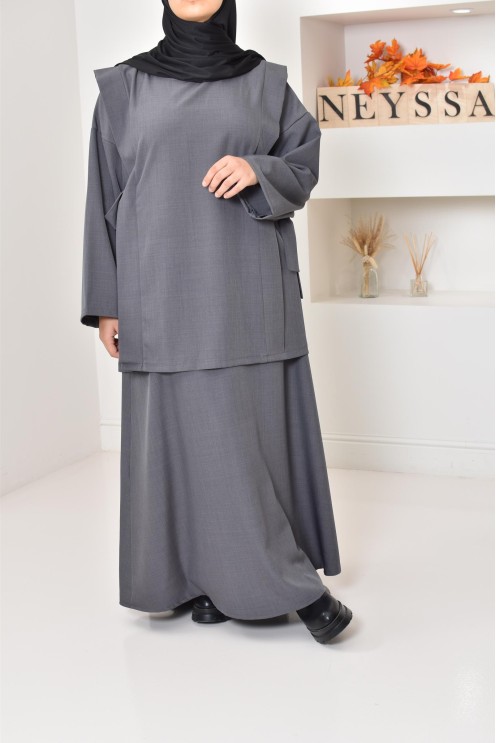 ensemble tunique longue avec jupe longue tissu effet tailleur