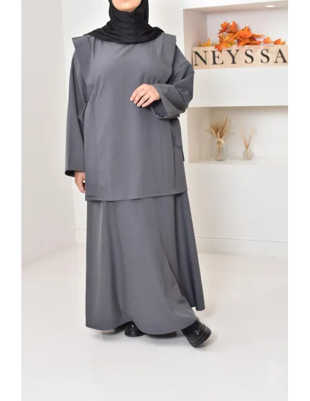 ensemble tunique longue avec jupe longue tissu effet tailleur