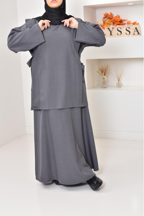 ensemble tunique longue avec jupe longue tissu effet tailleur