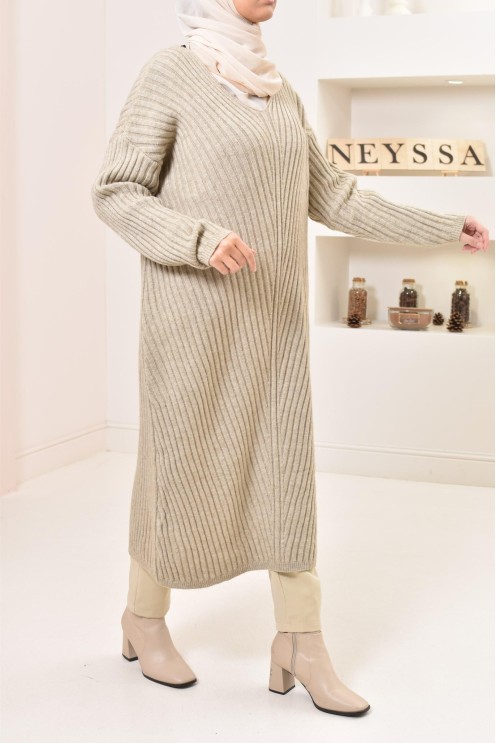 Tunique longue maille tissée hiver, matière douce et chaude, modeste