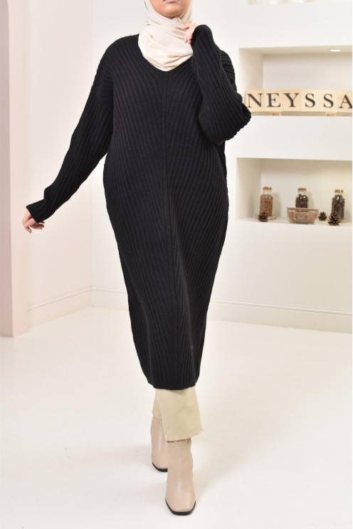 Tunique longue maille tissée hiver, matière douce et chaude, modeste