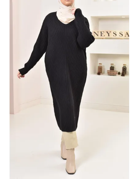 Tunique longue maille tissée hiver, matière douce et chaude, modeste