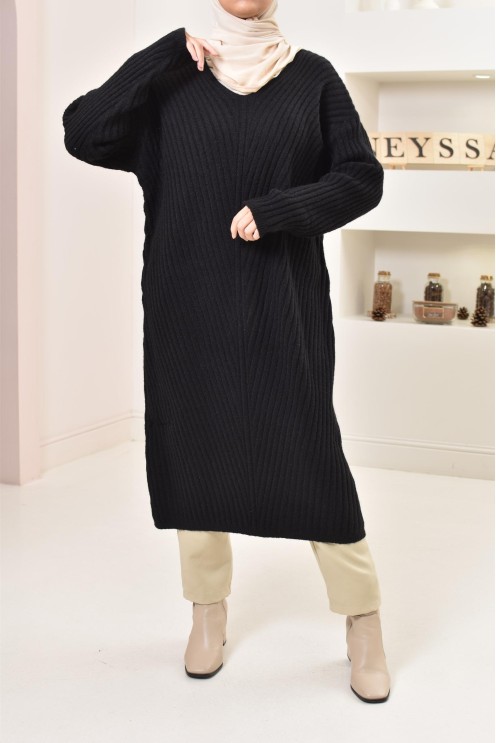 Tunique longue maille tissée hiver, matière douce et chaude, modeste
