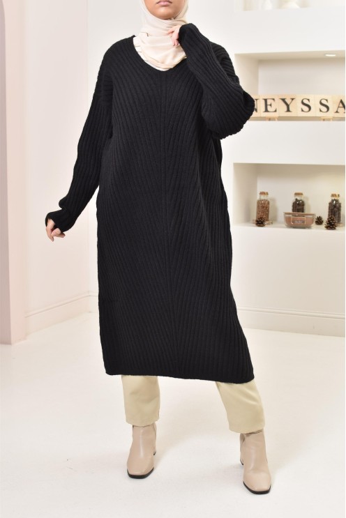 Tunique longue maille tissée hiver, matière douce et chaude, modeste