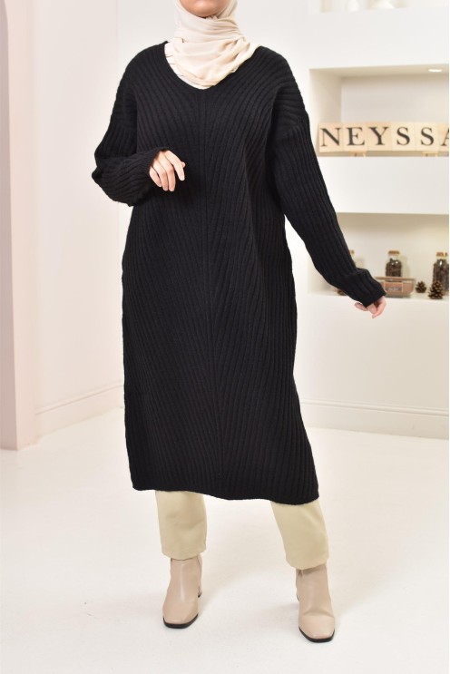 Tunique longue maille tissée hiver, matière douce et chaude, modeste