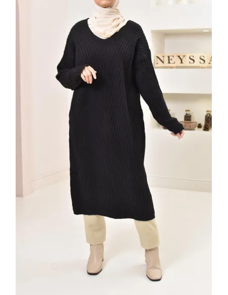 Tunique longue maille tissée hiver, matière douce et chaude, modeste