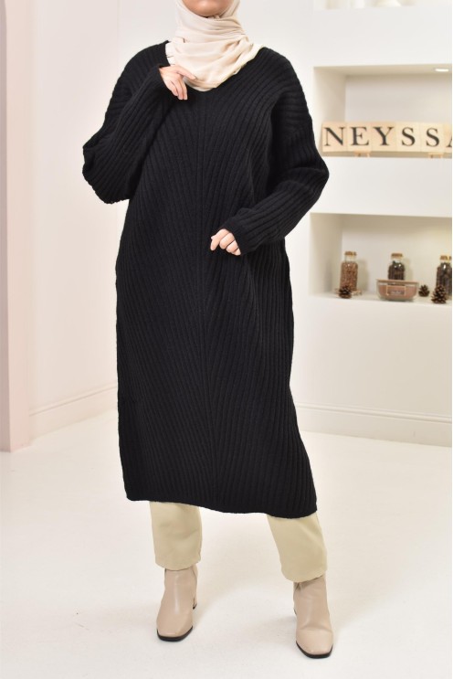 Tunique longue maille tissée hiver, matière douce et chaude, modeste