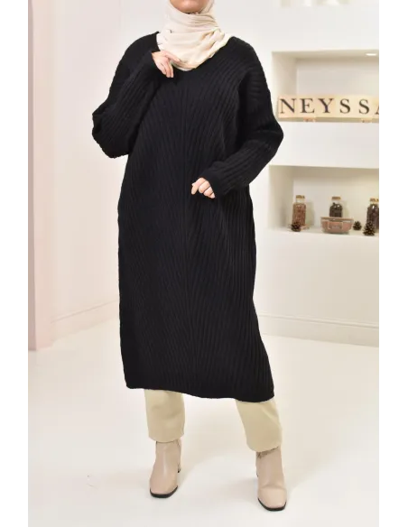 Tunique longue maille tissée hiver, matière douce et chaude, modeste
