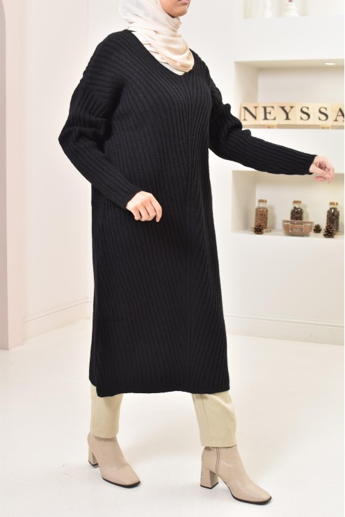 Tunique longue maille tissée hiver, matière douce et chaude, modeste