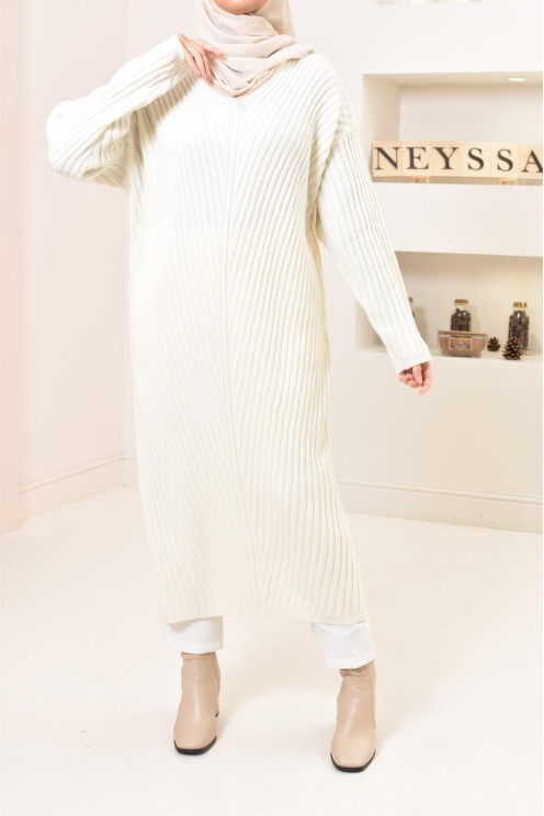 Tunique longue maille tissée hiver, matière douce et chaude, modeste