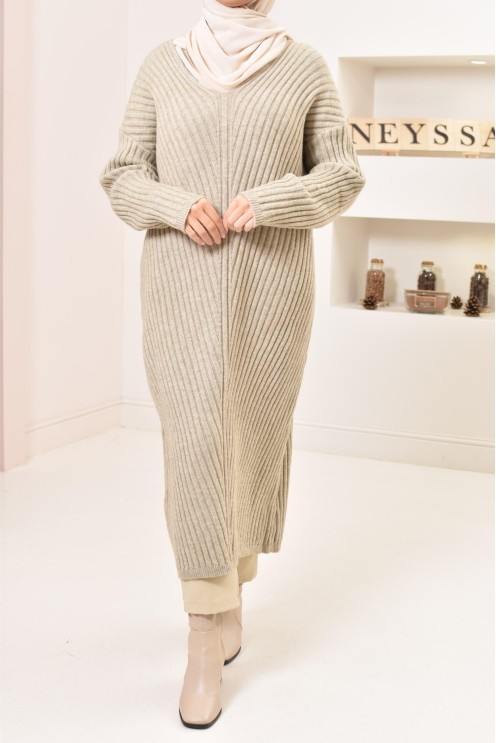 Tunique longue maille tissée hiver, matière douce et chaude, modeste