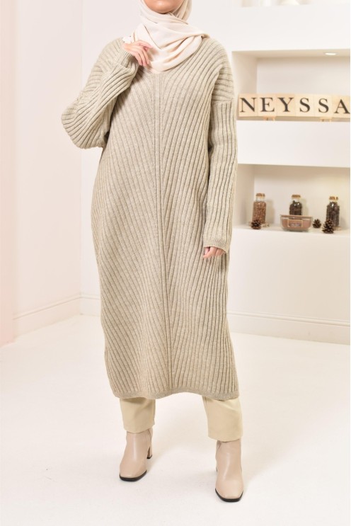 Tunique longue maille tissée hiver, matière douce et chaude, modeste