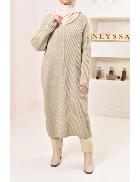 Tunique longue maille tissée hiver, matière douce et chaude, modeste