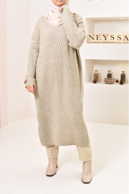 Tunique longue maille tissée hiver, matière douce et chaude, modeste