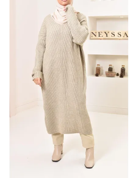 Tunique longue maille tissée hiver, matière douce et chaude, modeste