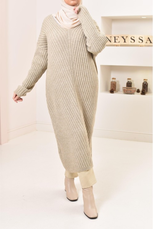 Tunique longue maille tissée hiver, matière douce et chaude, modeste