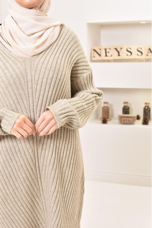 Tunique longue maille tissée hiver, matière douce et chaude, modeste