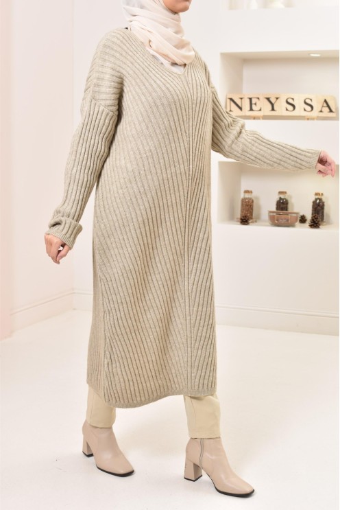 Tunique longue maille tissée hiver, matière douce et chaude, modeste