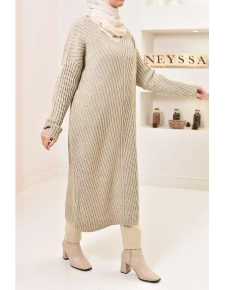 Tunique longue maille tissée hiver, matière douce et chaude, modeste