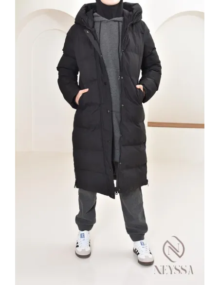 Doudoune longue noir matelassée  pour femme hijabi, ultra chaude hiver