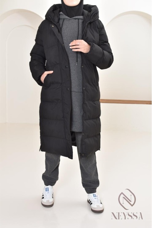 Doudoune longue noir matelassée  pour femme hijabi, ultra chaude hiver
