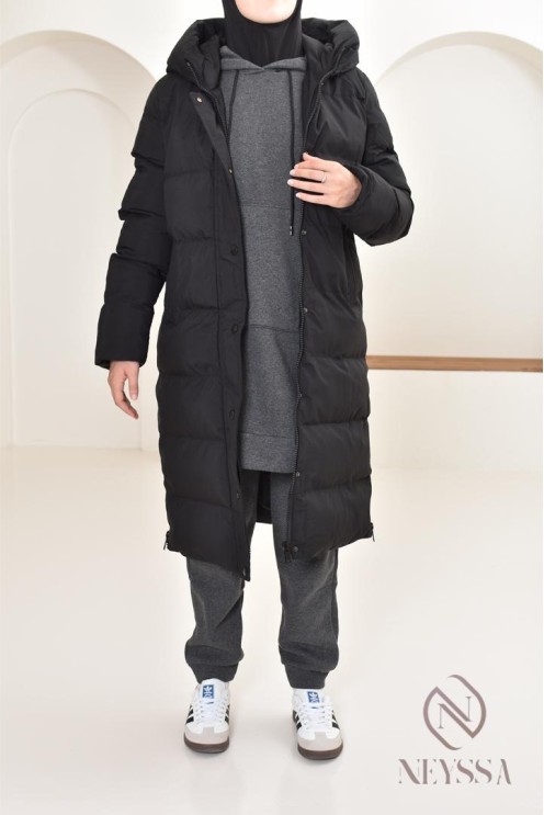 Doudoune longue noir matelassée  pour femme hijabi, ultra chaude hiver