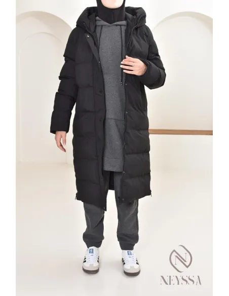 Doudoune longue noir matelassée  pour femme hijabi, ultra chaude hiver