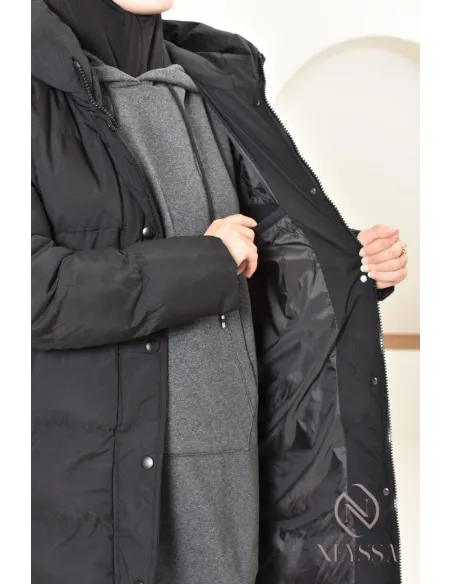 Doudoune longue noir matelassée  pour femme hijabi, ultra chaude hiver