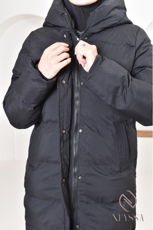 Doudoune longue noir matelassée  pour femme hijabi, ultra chaude hiver