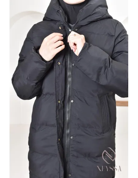 Doudoune longue noir matelassée  pour femme hijabi, ultra chaude hiver