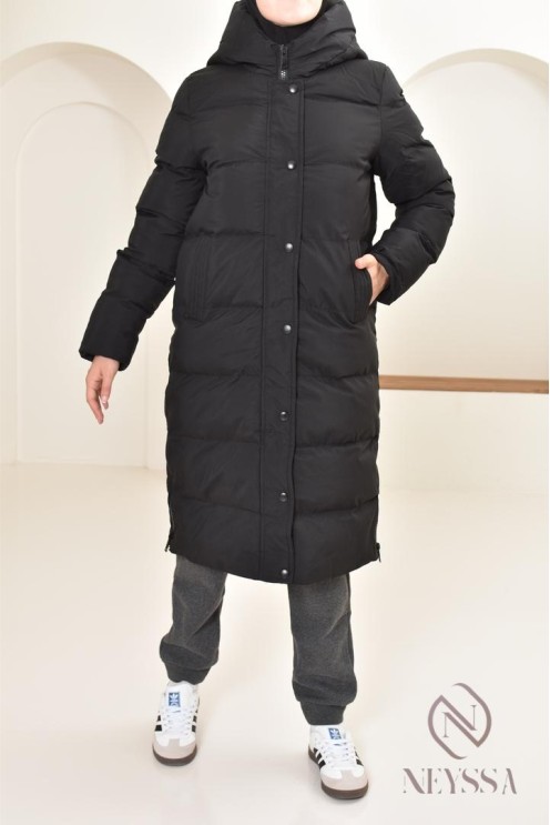 Doudoune longue noir matelassée  pour femme hijabi, ultra chaude hiver
