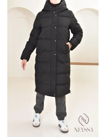 Doudoune longue noir matelassée  pour femme hijabi, ultra chaude hiver