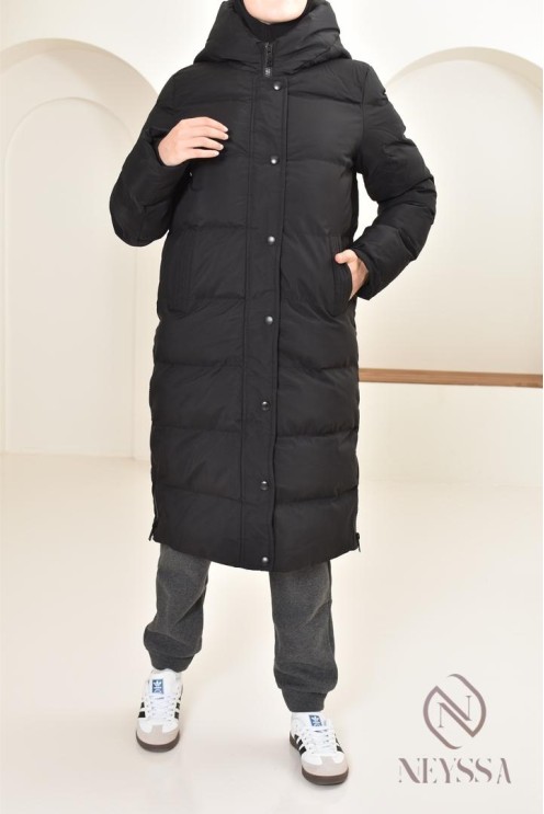 Doudoune longue noir matelassée  pour femme hijabi, ultra chaude hiver