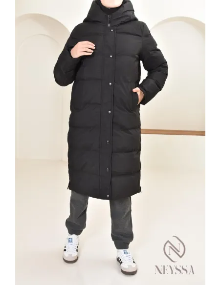 Doudoune longue noir matelassée  pour femme hijabi, ultra chaude hiver