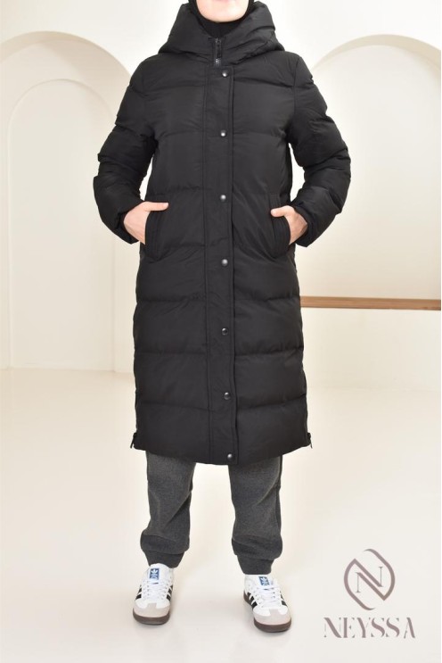 Doudoune longue noir matelassée  pour femme hijabi, ultra chaude hiver
