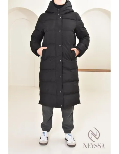 Doudoune longue noir matelassée  pour femme hijabi, ultra chaude hiver